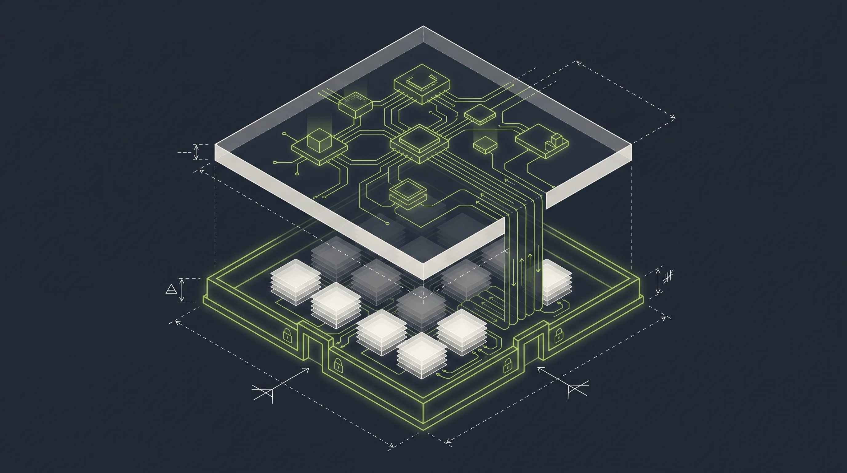 Exploded isometric view of two separated infrastructure layers — inference circuitry above, sovereign memory perimeter below